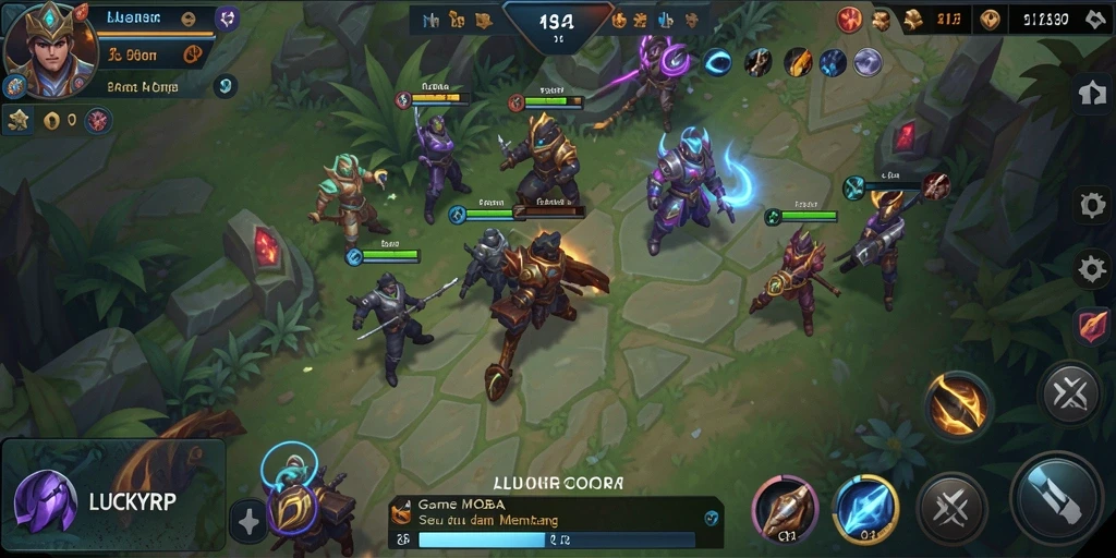 Screenshot gameplay LUCKYRP dengan karakter-karakter MOBA yang berbeda.