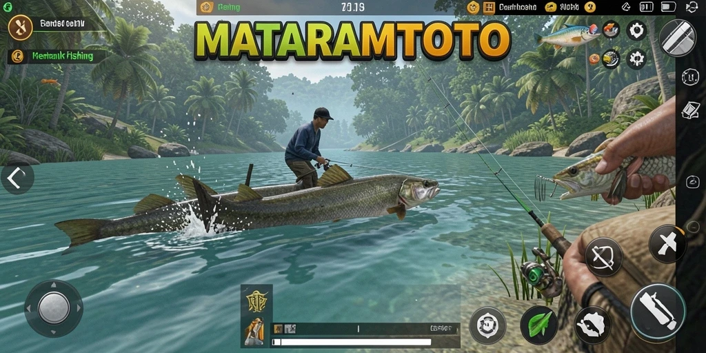 Tampilan gameplay <strong>MATARAMTOTO</strong> yang memukau saat memancing di perairan indah.