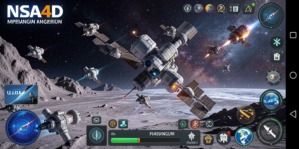 Screenshot utama menunjukkan pemain mengelola stasiun luar angkasa yang megah.