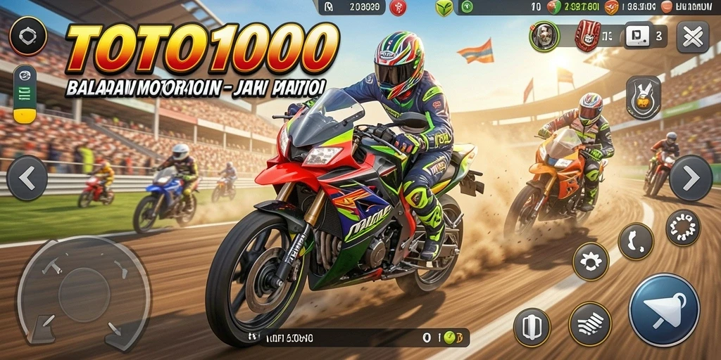 Screenshot gameplay TOTO1000 menampilkan balapan motor yang mendebarkan.